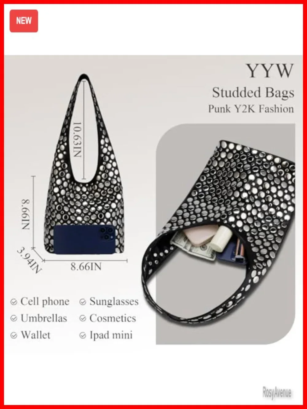 Studded Y2K Hobo Bag Punk PU Leather Shoulder Handbag
